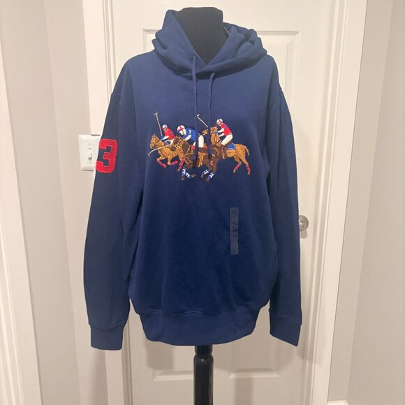POLO Ralph Lauren Triple Pony Pullover Hoodie in Navy, size Men's Large, NWT - Picture 1 of 7